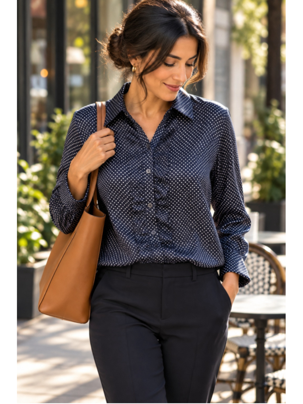 Banana Republic Navy Polka Dot Button Down Womens Small Ruffle Placket Collared